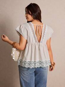 Elaquor Plus Size Multicolor Woven Fabric Flounce Short Sleeve V Neck Blouse With Ruffle Hem And Lace Details - Multicolor - View 1