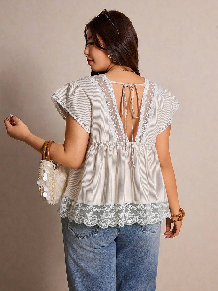 Elaquor Plus Size Multicolor Woven Fabric Flounce Short Sleeve V Neck Blouse With Ruffle Hem And Lace Details - Multicolor - View 1