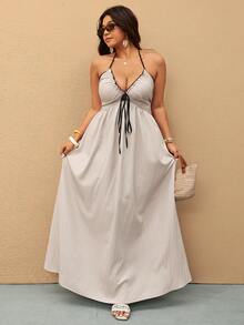 Elaquor Đầm hở lưng cổ yếm viền tương phản dành cho kỳ nghỉ hè, cỡ lớn - Màu be - Xem 2