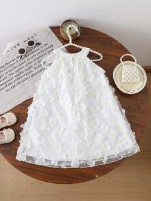 SHEIN Glamorique Kids Toddler Girls Princess Dress, White Floral 3D Butterfly Tulle Spaghetti Strap Bow Dress For Easter Birthday Pageant Tea Party - White - View 2