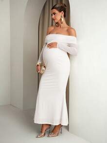 Loomaby Maternity Solid Color Off-Shoulder Dress, Baby Shower - White - View 5