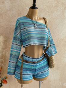 Soleia Bộ đồ 2 món dành cho nữ đi nghỉ mát biển, gồm áo crop top và quần short kẻ sọc cổ lệch. - Màu xanh lam - Xem 2