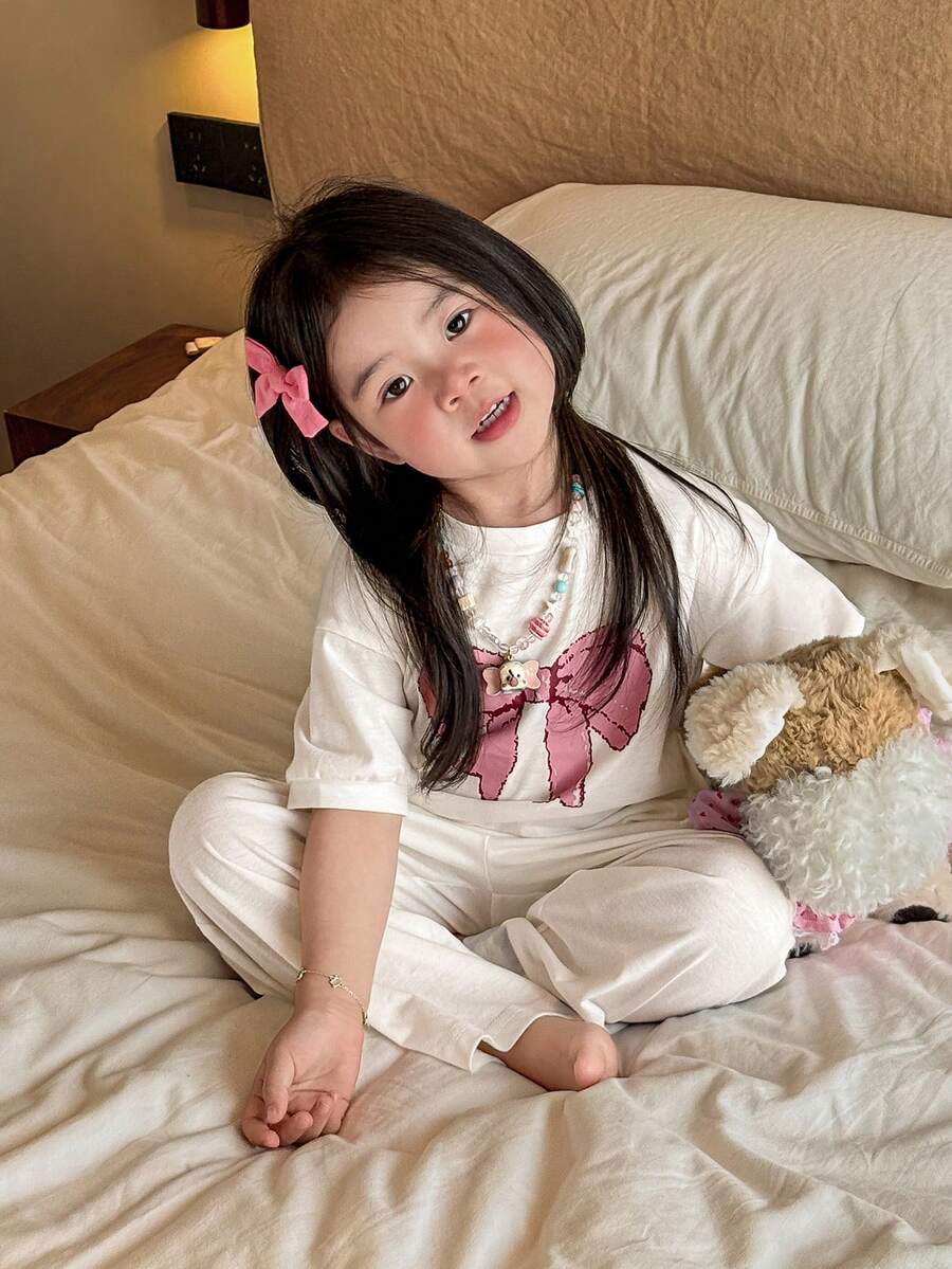 DAZY 2件套少女印花圆领针织短袖T恤和裤子家居服套装，秋季款 - 白色 - 查看 1