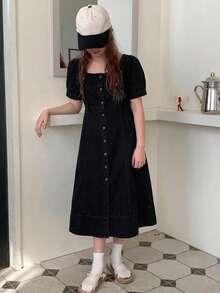 Hapijoa 少女方领短袖牛仔连衣裙，夏季度假阳光连衣裙 - 黑色 - 查看 4