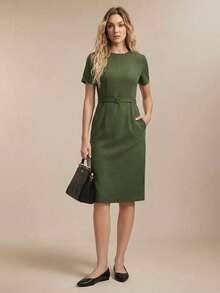 BizChic 女士短袖中长连衣裙，都市通勤商务优雅夏季款 - 軍綠色 - 查看 1
