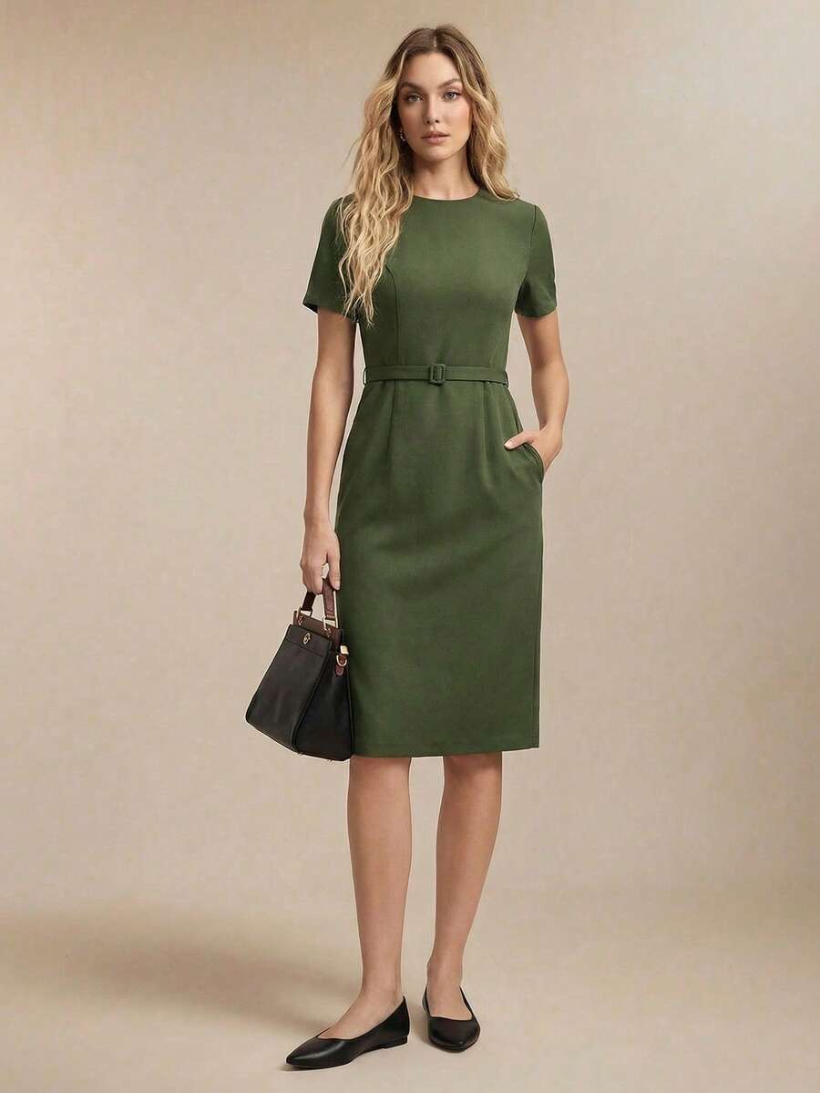 BizChic 女士短袖中长连衣裙，都市通勤商务优雅夏季款 - 軍綠色 - 查看 1
