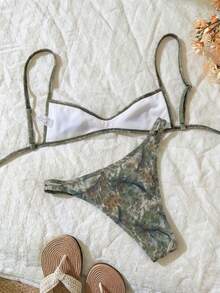 Elavelle 2pcs/Set Women's Random Print Spaghetti Strap Sexy Bikini Set, Summer - Multicolor - View 3