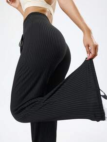 Dewbera Dewbera Pantalon de sport, de yoga et de plein air pour femmes, de couleur unie, taille large avec cordon de serrage, jambes larges, décontracté et simple - Noir - Voir 3