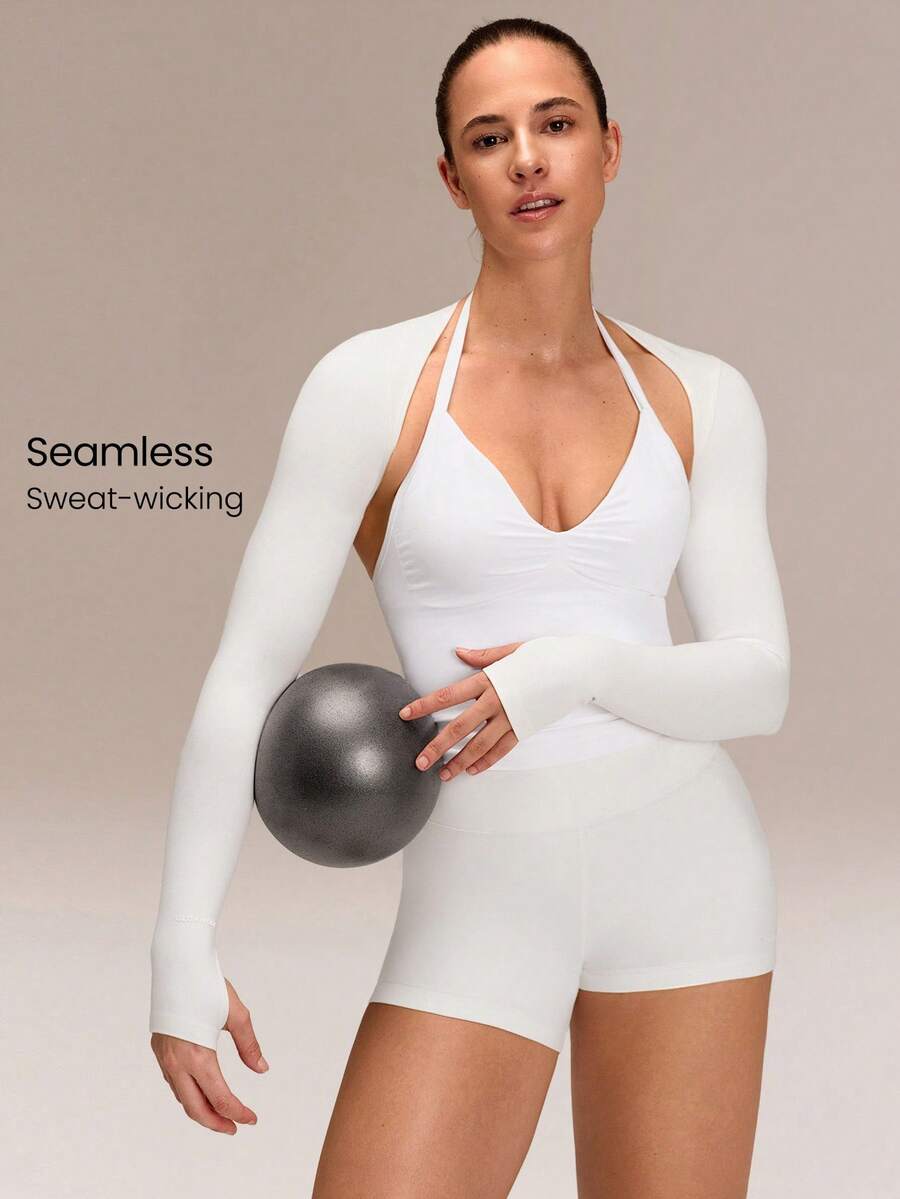 GLOWMODE Ultrafine Soft Seamless Don't Sweat It Stretchy Slim-Fit Logo Cuffs Long-Sleeve Shrug Yoga Pilates Studio Training Gym Daily Active Wear - White - View 1
