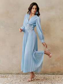Anewsta Vestido de mujer con diseño de cuello cruzado y plisado con aplicación en la cintura, vestido de manga larga, adecuado para primavera, verano, elegante, Día de San Valentín, Carnaval, fiesta, lentejuelas, boda - Azul - Ver 3