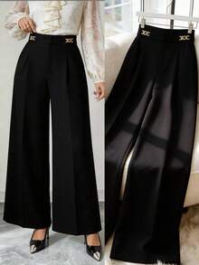 Modelyn Pantalones de pierna ancha de unicolor versátiles y de moda para tallas grandes - Negro - Ver 3