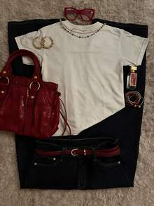 Rovax Loose Fit Cross & Letter Print Round Neck Drop Shoulder Short Sleeve T-Shirt - Multicolor - View 2