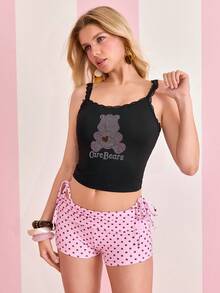 SHEIN X Care Bears Áo hai dây nữ kiểu dáng thường ngày, đa năng, in chữ và hoạt hình, thích hợp mặc hàng ngày. - màu đen - Xem 5