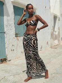 Maija 女士夏季度假沙滩斑马纹吊带比基尼套装，含罩裙 - 棕色 - 查看 6