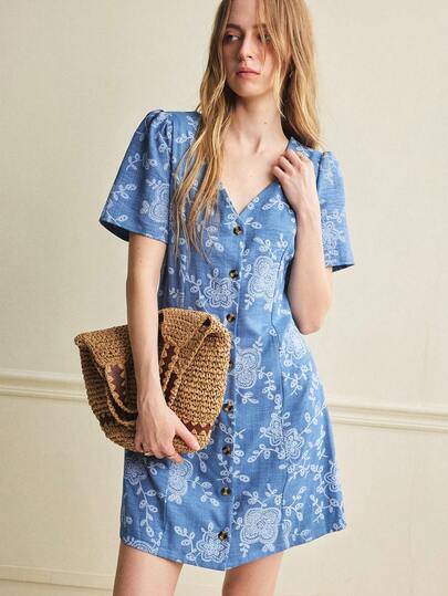 Écloséra Đầm Jacquard cổ chữ V dáng vintage mới, thắt eo dành cho nữ