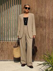 DAZY 1 Set Women V-Neck Blazer & Pants Suit Business Attire - Khaki - View 4