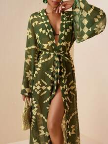 Zivah 2026 Women's Vacation Casual Beach Sheer Chiffon Print Long Kimono Style Cover Up - Army Green - View 6