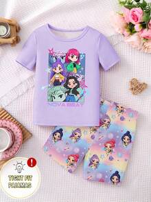 Young Girls 2pcs Pajama Set, Nova Beat Girl Group Printed Knit Tight Fit Round Neck Short Sleeve Top And Shorts, Spring/Autumn - Purple - View 3