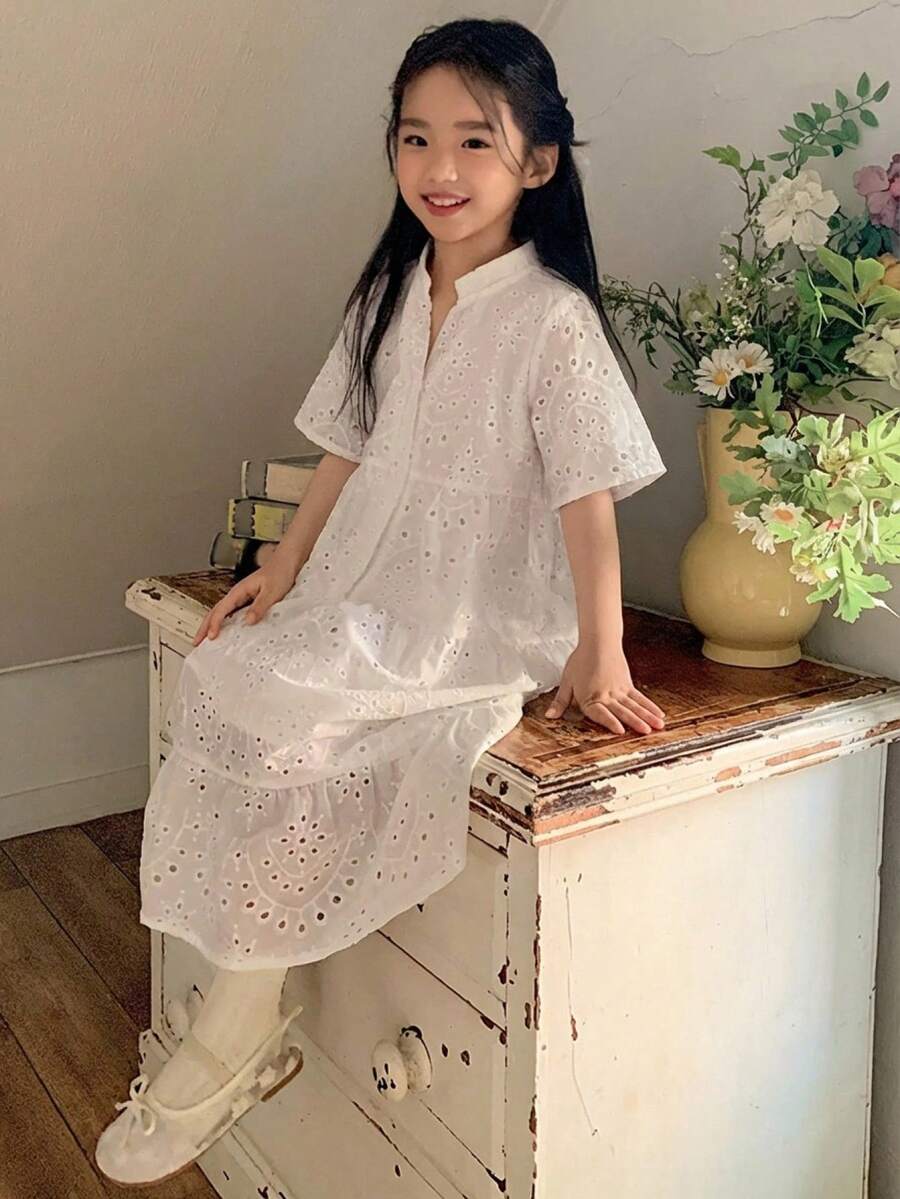 Dazy Kids 少女寬鬆休閒度假風中長洋裝,夏季新款陽光洋裝 - 白色 - 查看 1