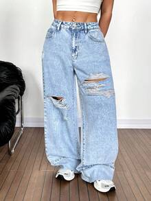 SHEIN Tall Pantalones vaqueros anchos de cintura alta con efecto desgastado y rasgados en azul claro con lavado ácido, pantalones vaqueros anchos y desgastados con bolsillos perfectos para looks de streetwear y grunge - Lavado ligero - Ver 1