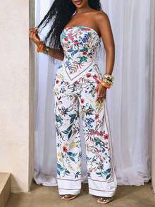 BamGleam 夏季/海滩度假吊带裙，花卉印花不对称下摆超剪裁上衣，阔腿超长裤，两件套-C - 彩色 - 查看 5