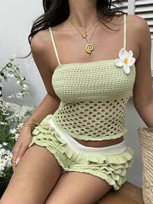 Sunnyshic 女士夏季沙滩性感时尚绿色低领吊带紧身碎花露脐上衣和低腰荷叶边短裤针织两件套 - 綠色 - 查看 8