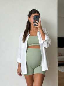 SHEIN Maternity Simple Solid Color Cross-Back Sports Bra And High-Waisted Shorts Set,Word Cup - Green - View 5