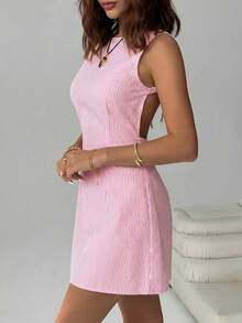 SHEIN EZwear Đầm dệt sọc mùa hè không tay cổ thuyền, hở lưng, buộc dây dành cho nữ - Hồng - Xem 5