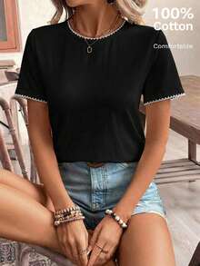 SHEIN Frenchy 休闲简约宽松圆领短袖白色狗牙贝壳花真刺绣装饰女式T恤，适合夏季穿着，复古风格 - 黑色 - 查看 7