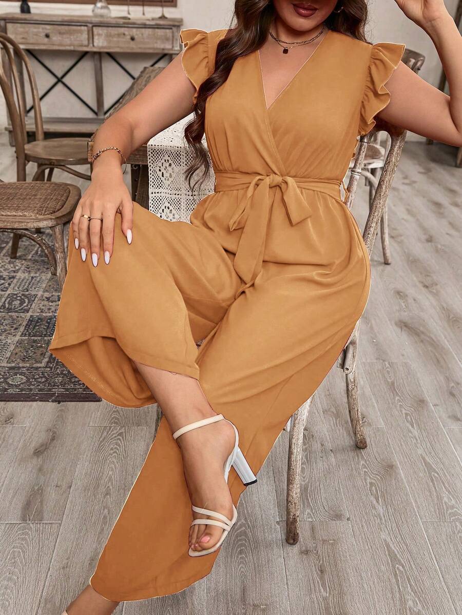 EMERY ROSE Plus Size Women Solid Color Cap Sleeve Jumpsuit - Coral Pink - View 1
