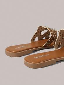 Styleloop Ladies, Buckles, Trim, Flat Sandals Holiday Travel Essential Boho Cowgirl Outfit - Brown - View 5