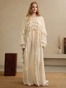 Women's Chiffon & Lace Patchwork Dress, Round Neck Raglan Sleeve Loose Sheer Ruffle Hem Design, Casual Daily Dress - Apricot - View 8