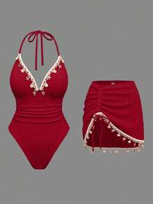 Swim Oasis Áo bikini tam giác màu trơn dành cho nữ với dây đeo bằng vỏ sò, áo tắm một mảnh với viền xếp ly và trang trí bằng vỏ sò ngẫu nhiên, áo tắm hai mảnh với dây rút bên hông và trang trí bằng vỏ sò ngẫu nhiên. - Đỏ - Xem 1