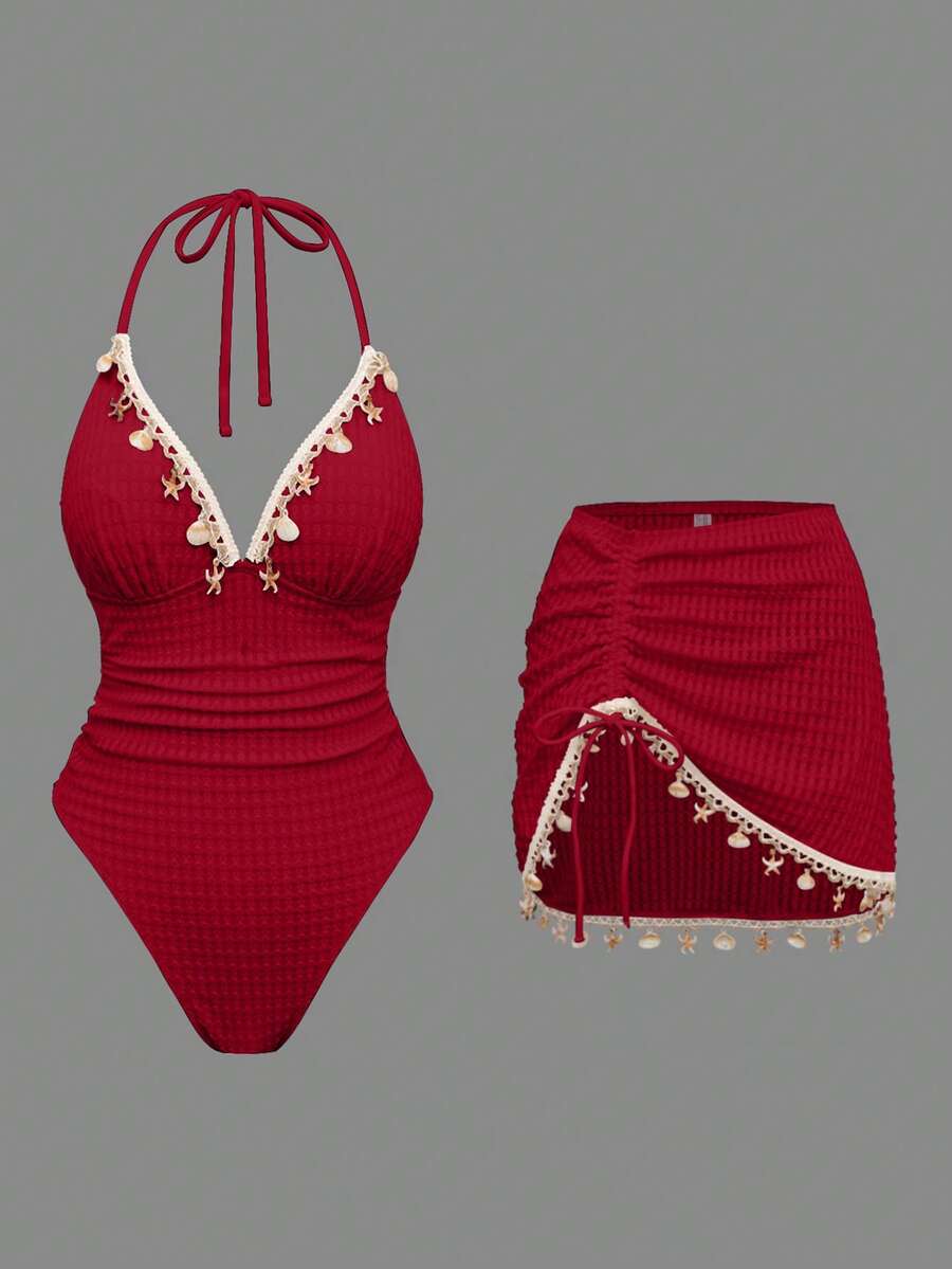 Swim Oasis Áo bikini tam giác màu trơn dành cho nữ với dây đeo bằng vỏ sò, áo tắm một mảnh với viền xếp ly và trang trí bằng vỏ sò ngẫu nhiên, áo tắm hai mảnh với dây rút bên hông và trang trí bằng vỏ sò ngẫu nhiên. - Đỏ - Xem 1