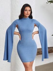 Flexra Đầm ôm sát tay loe bằng vải denim dệt kim - Màu xanh lam - Xem 6