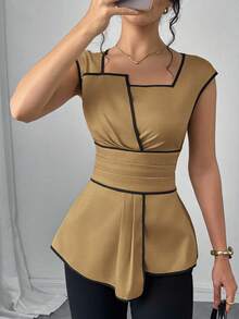 SHEIN Clasi 女士休闲褶裥边饰百搭日常衬衫 - 棕色 - 查看 7