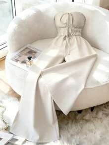 Elenzga 女士时尚纯色露背吊带连体裤 - 杏色 - 查看 2