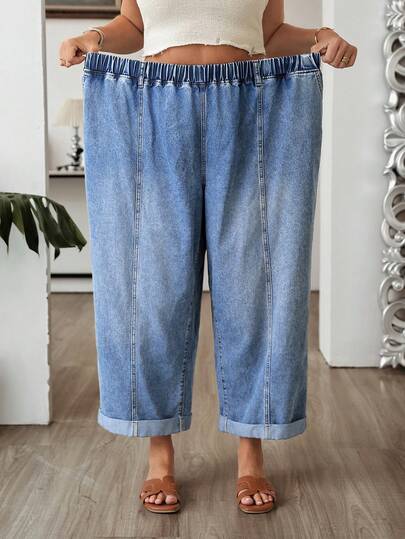 SHEIN CURVE+ Plus-Size Women's Elastic Waist Pocket Wide-Leg Casual Jeans