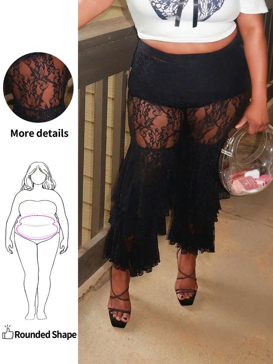 SHEIN Unity Elegant Sexy Romantic Black Plus Size Lace & Mesh Ruffle ...