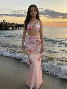 Travachic KIDS 少女针织蓝色比基尼套装，饰有海星图案，美人鱼造型，适合海滩度假，是夏季度假的理想之选 - 粉色 - 查看 1