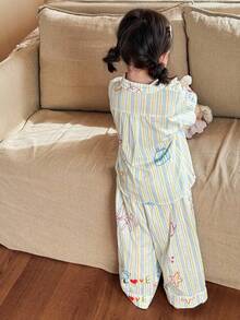 DAZY Young Girl Striped Short Sleeve Button-Up Pocket Top And Pants Loungewear Set - Multicolor - View 2