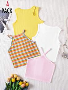 SHEIN 4pcs Young Girl Casual Versatile Daily Wear Tops - Multicolor - View 2