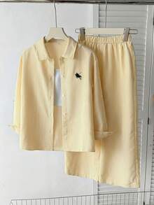 SHEIN Tween Girl Tween Girl Loose Casual Simple Comfortable Collared Shirt Vest Pants Set Fall/Winter Outfits - Yellow - View 3