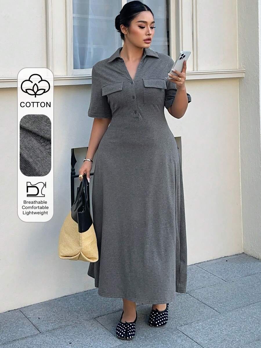 Dazy Plus Plus Size Women's Solid Color Bodycon Pocket Polo Collar T-Shirt Dress, Short Sleeve, Long, Spring/Summer Sundress - Dark Grey - View 1