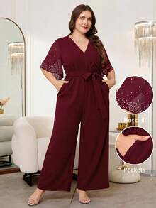 Reflora 大码女式连体裤，优雅无袖/短袖/长裤连体裤，收腰V领连体裤，镶钻连体裤，日常穿着 - 酒紅色 - 查看 2