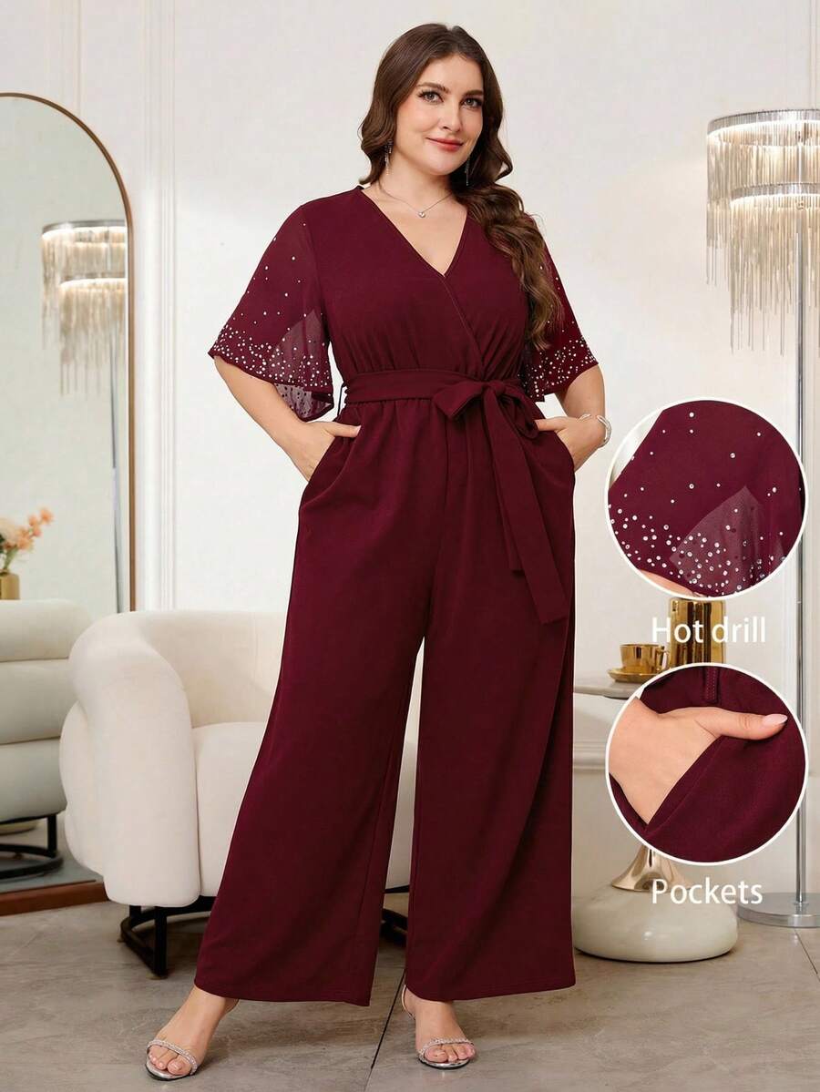 Reflora 大码女式连体裤，优雅无袖/短袖/长裤连体裤，收腰V领连体裤，镶钻连体裤，日常穿着