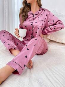 Conjunto de pijama de satén con estampado de corazón y ribete de contraste, prendas de otoño cómodas y elegantes, invierno - Rosa - Ver 5