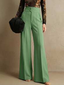 Anewsta 优雅高腰喇叭西装裤，时尚都市风，新年穿搭 - 綠色 - 查看 3