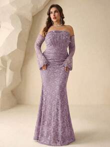 Plus Size Beaded Lace Off Shoulder Elegant Evening Dress - Purple - View 7