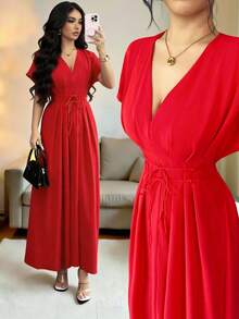 SHEIN Elenzya New Spring/Summer Elegant Casual Beach Resort Fashion French Retro Red V-Neck Ruffled Drawstring Waist Flowing Mid-Length Dress With V-Neck + Batwing Sleeve Design, Flattering Neckline Shape Waist Drawstring Tie Design, Can Be Adjusted Freely For Tightness/Looseness, Precisely Ties Waist. Suitable For Dates, Commuting Or Formal Occasions. Wedding Groomsmen Dress, Birthday Party, Date, Commuting, Vacation Ankle Length Dress Women's Red Dress Red Elegant Dress Red Maxi Dress Red Long Dress Women E - Red - View 3